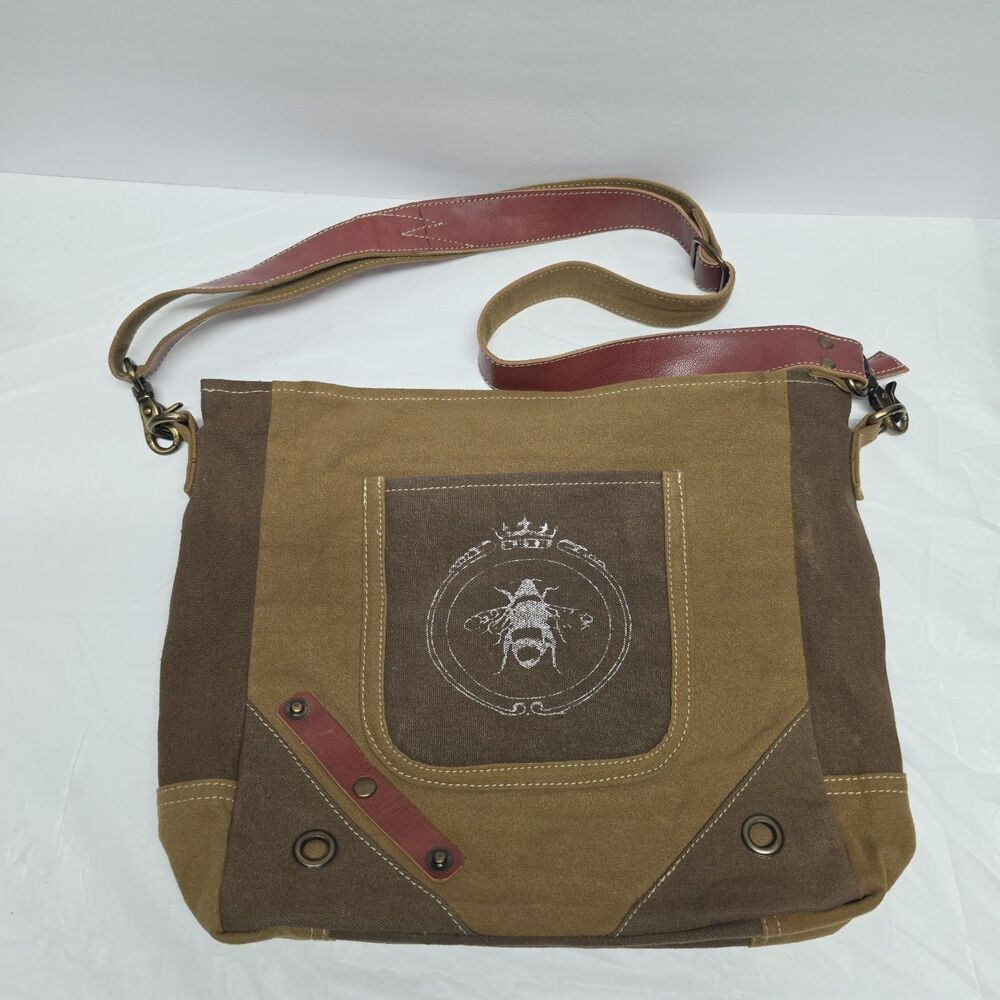 Queen Bee Messenger Bag Upcycled Canvas Women's Shoulder Purse In Brown Busy Bee